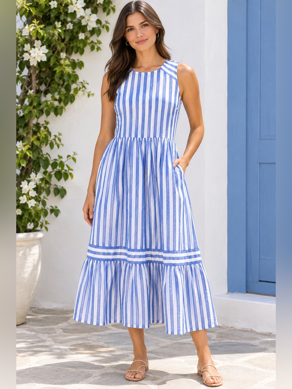 J Crew Women Size 8Large Dress Blue White Striped Cotton Midi Tank Tiered